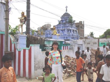 julia in front of the purple temple